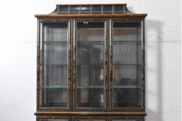 中古　美品　希少モデル　DREXEL HERITAGE(ドレクセルヘリテイジ)　奥行約36cmの薄型!　ガラス扉とミラーバックが奥行きを生むシノワズリデザインのキャビネット　(R-090910)