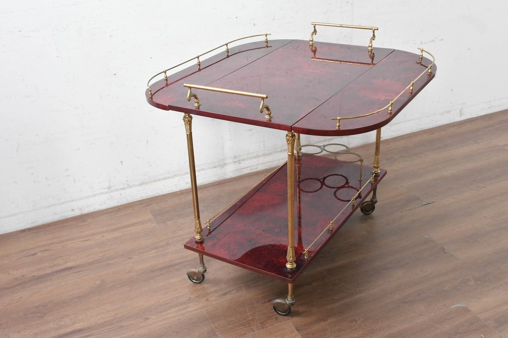 中古　イタリア高級家具　アルド・トゥーラ(ALDO TURA)　仔山羊革張り　シックで艶のある色合いが目を惹くキッチンワゴン　(R-090912)