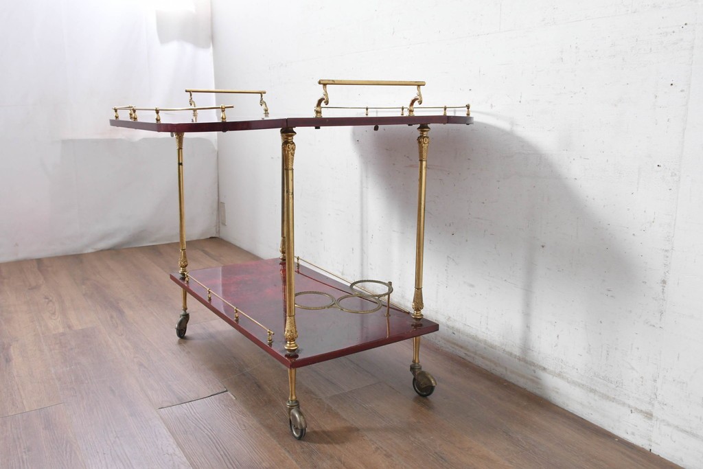 中古　イタリア高級家具　アルド・トゥーラ(ALDO TURA)　仔山羊革張り　シックで艶のある色合いが目を惹くキッチンワゴン　(R-090912)