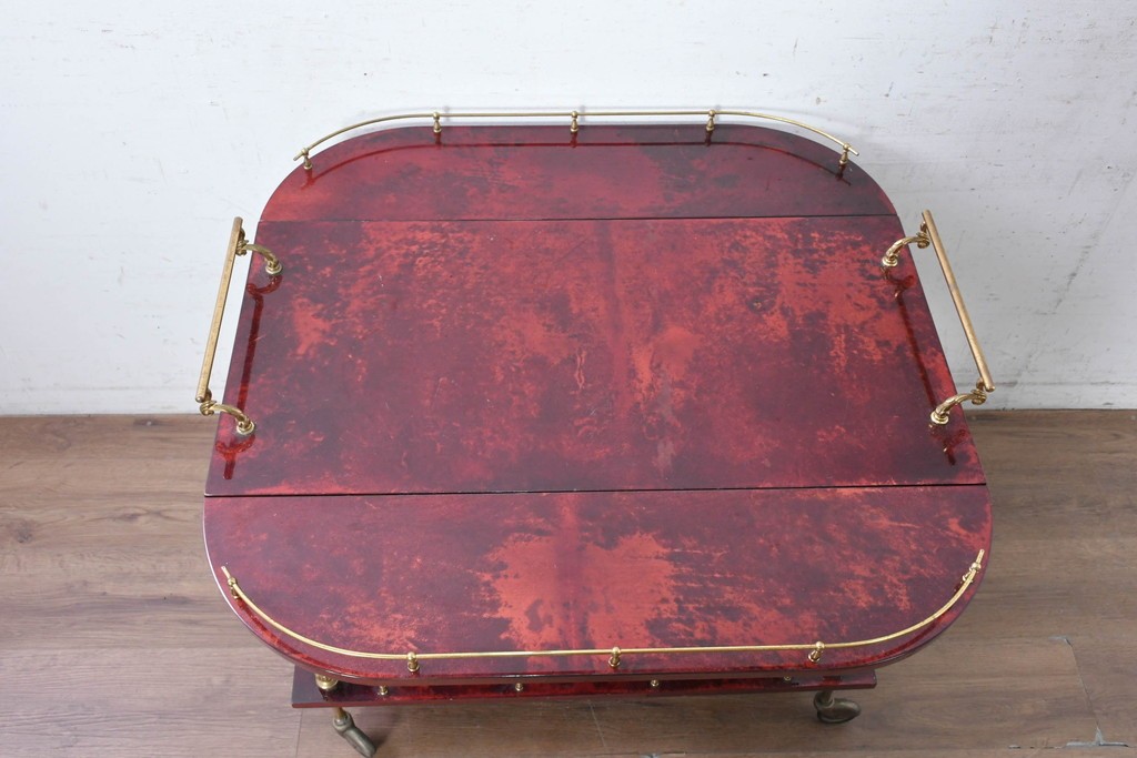中古　イタリア高級家具　アルド・トゥーラ(ALDO TURA)　仔山羊革張り　シックで艶のある色合いが目を惹くキッチンワゴン　(R-090912)