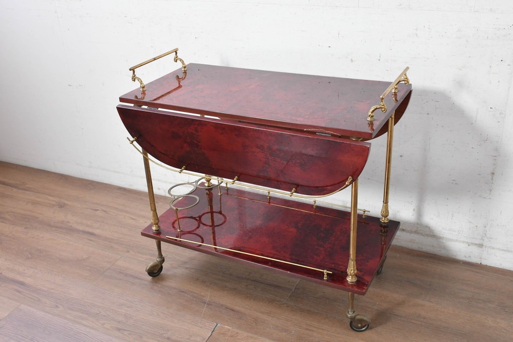 中古　イタリア高級家具　アルド・トゥーラ(ALDO TURA)　仔山羊革張り　シックで艶のある色合いが目を惹くキッチンワゴン　(R-090912)