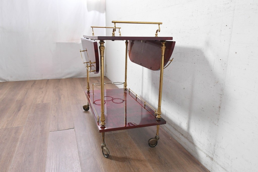 中古　イタリア高級家具　アルド・トゥーラ(ALDO TURA)　仔山羊革張り　シックで艶のある色合いが目を惹くキッチンワゴン　(R-090912)