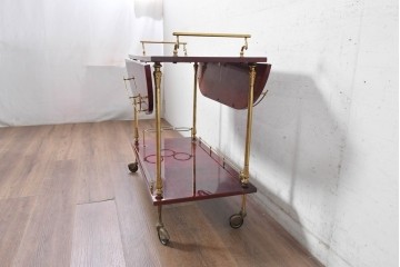 中古　イタリア高級家具　アルド・トゥーラ(ALDO TURA)　仔山羊革張り　シックで艶のある色合いが目を惹くキッチンワゴン　(R-090912)