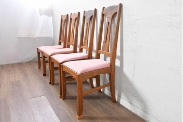 《張地の張り替え加工費込み》　中古　Oak Village(オークヴィレッジ)　オーク材　すっきりとした縦長フォルムのダイニングチェア4脚セット　定価(4脚合計)約36万円　(R-090916)
