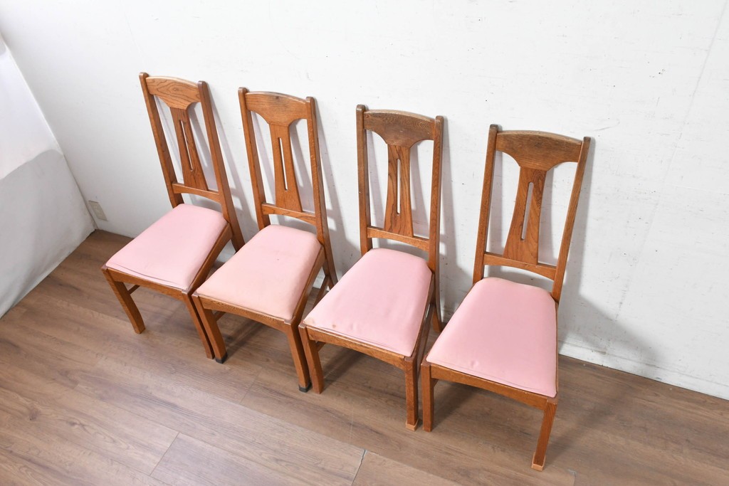 《張地の張り替え加工費込み》　中古　Oak Village(オークヴィレッジ)　オーク材　すっきりとした縦長フォルムのダイニングチェア4脚セット　定価(4脚合計)約36万円　(R-090916)