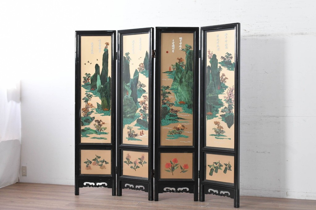 アジアンヴィンテージ　中国伝統工芸　玉石細工(玉石象嵌)で山水や草花を表した四連衝立　(R-090922)