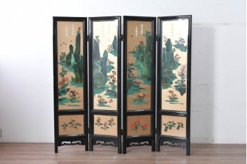 アジアンヴィンテージ　中国伝統工芸　玉石細工(玉石象嵌)で山水や草花を表した四連衝立　(R-090922)