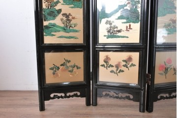 アジアンヴィンテージ　中国伝統工芸　玉石細工(玉石象嵌)で山水や草花を表した四連衝立　(R-090922)