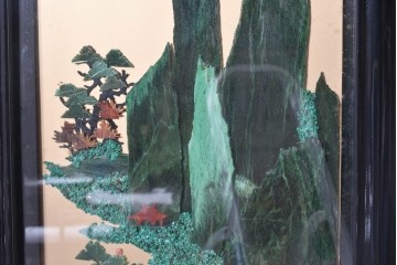 アジアンヴィンテージ　中国伝統工芸　玉石細工(玉石象嵌)で山水や草花を表した四連衝立　(R-090922)