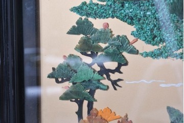 アジアンヴィンテージ　中国伝統工芸　玉石細工(玉石象嵌)で山水や草花を表した四連衝立　(R-090922)