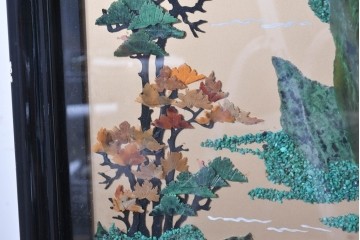 アジアンヴィンテージ　中国伝統工芸　玉石細工(玉石象嵌)で山水や草花を表した四連衝立　(R-090922)