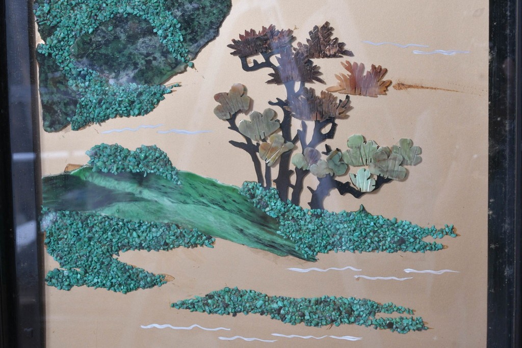 アジアンヴィンテージ　中国伝統工芸　玉石細工(玉石象嵌)で山水や草花を表した四連衝立　(R-090922)