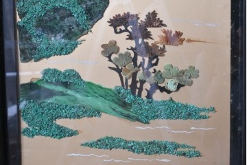 アジアンヴィンテージ　中国伝統工芸　玉石細工(玉石象嵌)で山水や草花を表した四連衝立　(R-090922)