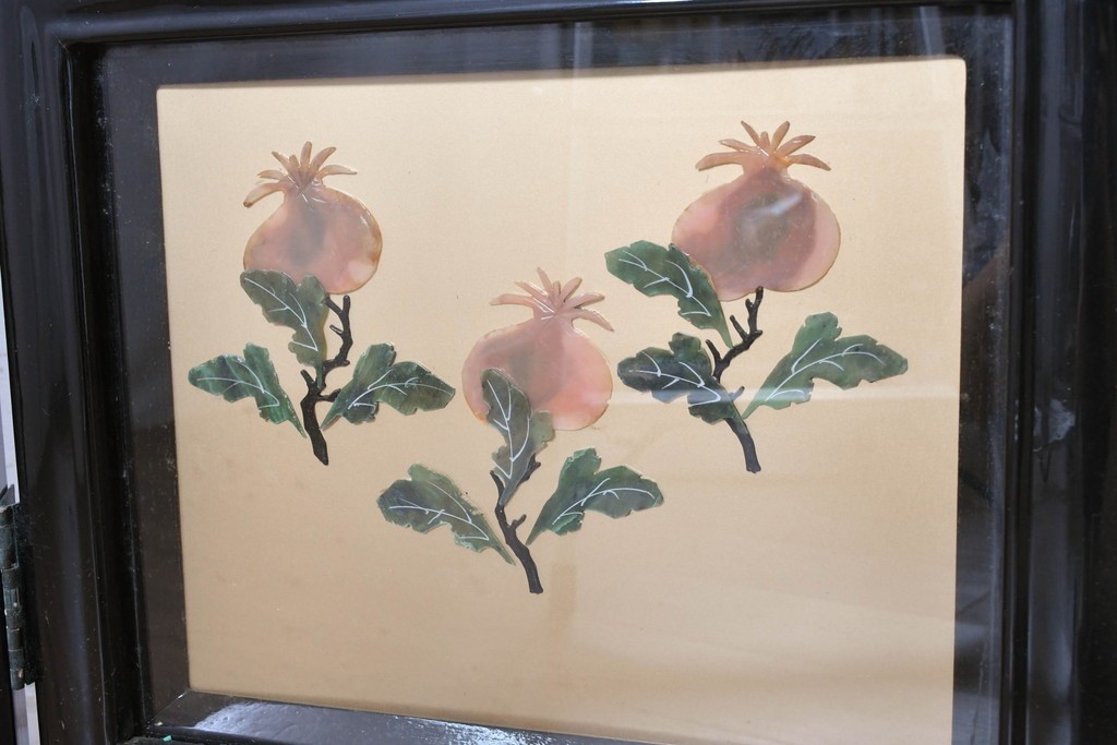 アジアンヴィンテージ　中国伝統工芸　玉石細工(玉石象嵌)で山水や草花を表した四連衝立　(R-090922)