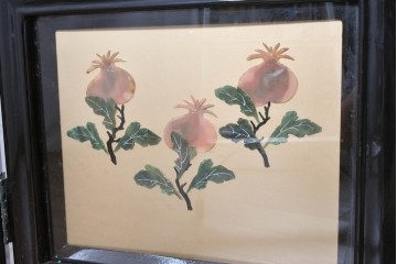 アジアンヴィンテージ　中国伝統工芸　玉石細工(玉石象嵌)で山水や草花を表した四連衝立　(R-090922)