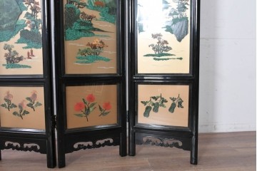 アジアンヴィンテージ　中国伝統工芸　玉石細工(玉石象嵌)で山水や草花を表した四連衝立　(R-090922)
