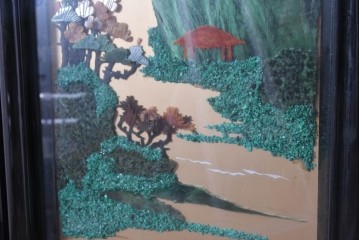 アジアンヴィンテージ　中国伝統工芸　玉石細工(玉石象嵌)で山水や草花を表した四連衝立　(R-090922)