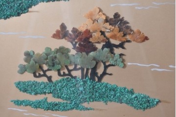 アジアンヴィンテージ　中国伝統工芸　玉石細工(玉石象嵌)で山水や草花を表した四連衝立　(R-090922)
