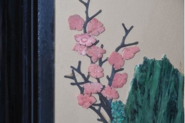 アジアンヴィンテージ　中国伝統工芸　玉石細工(玉石象嵌)で山水や草花を表した四連衝立　(R-090922)