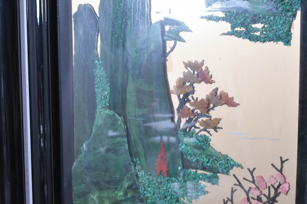 アジアンヴィンテージ　中国伝統工芸　玉石細工(玉石象嵌)で山水や草花を表した四連衝立　(R-090922)