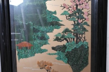 アジアンヴィンテージ　中国伝統工芸　玉石細工(玉石象嵌)で山水や草花を表した四連衝立　(R-090922)