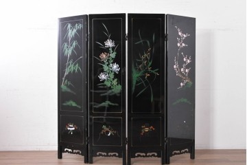 アジアンヴィンテージ　中国伝統工芸　玉石細工(玉石象嵌)で山水や草花を表した四連衝立　(R-090922)
