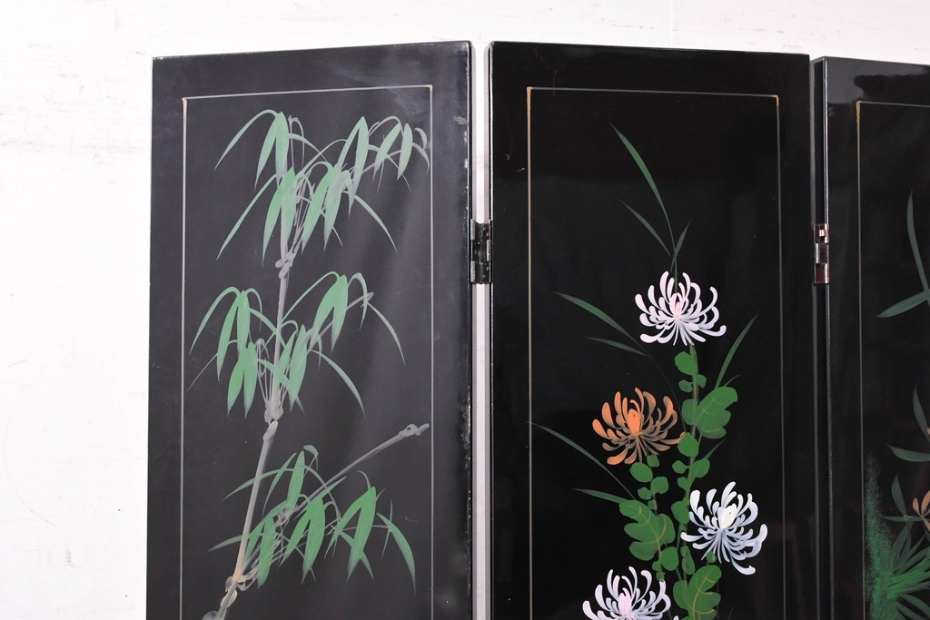アジアンヴィンテージ　中国伝統工芸　玉石細工(玉石象嵌)で山水や草花を表した四連衝立　(R-090922)