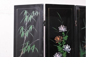 アジアンヴィンテージ　中国伝統工芸　玉石細工(玉石象嵌)で山水や草花を表した四連衝立　(R-090922)