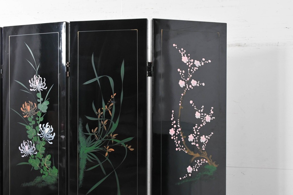 アジアンヴィンテージ　中国伝統工芸　玉石細工(玉石象嵌)で山水や草花を表した四連衝立　(R-090922)