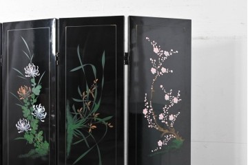 アジアンヴィンテージ　中国伝統工芸　玉石細工(玉石象嵌)で山水や草花を表した四連衝立　(R-090922)