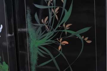 アジアンヴィンテージ　中国伝統工芸　玉石細工(玉石象嵌)で山水や草花を表した四連衝立　(R-090922)