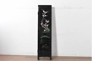 アジアンヴィンテージ　中国伝統工芸　玉石細工(玉石象嵌)で山水や草花を表した四連衝立　(R-090922)