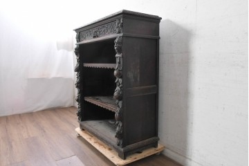 イギリスアンティーク　1880年から1900年頃　オーク材　グリーンマンや果実の彫刻が重厚なオープンブックケース　(R-090946)