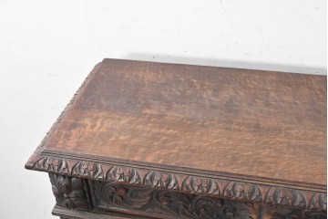 イギリスアンティーク　1880年から1900年頃　オーク材　グリーンマンや果実の彫刻が重厚なオープンブックケース　(R-090946)