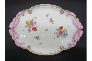 ドイツ製　Meissen(マイセン)　ホビーコレクション　リボン&フラワーと昆虫の装飾が色鮮やかな オーバルプレート　スクラッチあり　(R-090969)