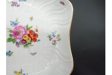 ドイツ製　Meissen(マイセン)　フラワーブーケ　五つ花デザイン　色鮮やかな昆虫と花々を描いたスクエアボウル　(R-090970)