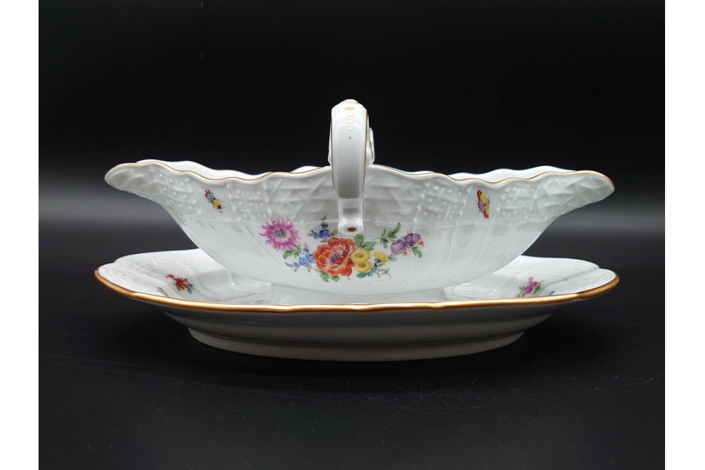 希少!　ドイツ製　Meissen(マイセン)　フラワーブーケ　五つ花デザイン　色鮮やかな昆虫と花々を描いたソースボート　(R-090971)