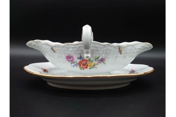 希少!　ドイツ製　Meissen(マイセン)　フラワーブーケ　五つ花デザイン　色鮮やかな昆虫と花々を描いたソースボート　(R-090971)