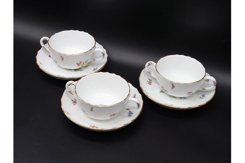 希少!　ドイツ製　Meissen(マイセン)　フラワーブーケ　五つ花デザイン　ダブルハンドルのカップ&ソーサー3客セット　(R-090973)