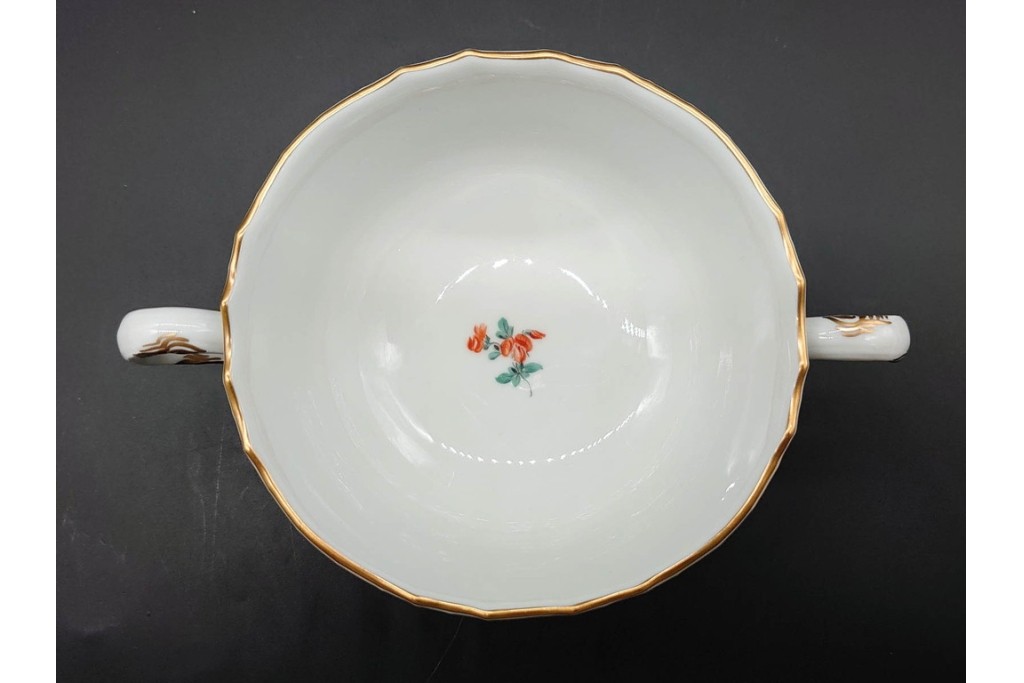 希少!　ドイツ製　Meissen(マイセン)　フラワーブーケ　五つ花デザイン　ダブルハンドルのカップ&ソーサー3客セット　(R-090974)