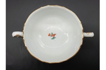 希少!　ドイツ製　Meissen(マイセン)　フラワーブーケ　五つ花デザイン　ダブルハンドルのカップ&ソーサー3客セット　(R-090974)