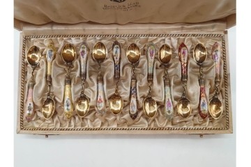 ドイツアンティーク　ドレスデン　Heinrich Mau(ハインリッヒ・マウ)　シルバー800　華やかな磁器ハンドルのスプーン12本セット　共箱付き　(R-090983)