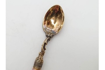 ドイツアンティーク　ドレスデン　Heinrich Mau(ハインリッヒ・マウ)　シルバー800　華やかな磁器ハンドルのスプーン12本セット　共箱付き　(R-090983)