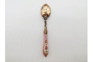 ドイツアンティーク　ドレスデン　Heinrich Mau(ハインリッヒ・マウ)　シルバー800　華やかな磁器ハンドルのスプーン12本セット　共箱付き　(R-090983)