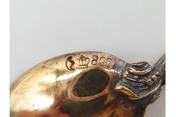 ドイツアンティーク　ドレスデン　Heinrich Mau(ハインリッヒ・マウ)　シルバー800　華やかな磁器ハンドルのスプーン12本セット　共箱付き　(R-090983)