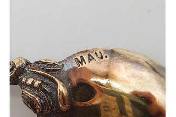 ドイツアンティーク　ドレスデン　Heinrich Mau(ハインリッヒ・マウ)　シルバー800　華やかな磁器ハンドルのスプーン12本セット　共箱付き　(R-090983)