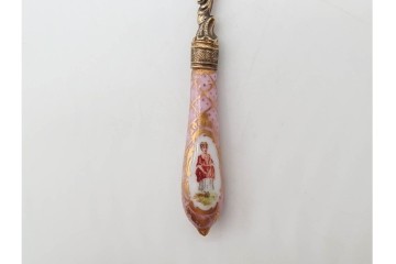 ドイツアンティーク　ドレスデン　Heinrich Mau(ハインリッヒ・マウ)　シルバー800　華やかな磁器ハンドルのスプーン12本セット　共箱付き　(R-090983)