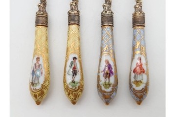 ドイツアンティーク　ドレスデン　Heinrich Mau(ハインリッヒ・マウ)　シルバー800　華やかな磁器ハンドルのスプーン12本セット　共箱付き　(R-090983)