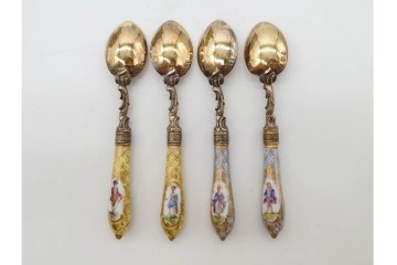 ドイツアンティーク　ドレスデン　Heinrich Mau(ハインリッヒ・マウ)　シルバー800　華やかな磁器ハンドルのスプーン12本セット　共箱付き　(R-090983)