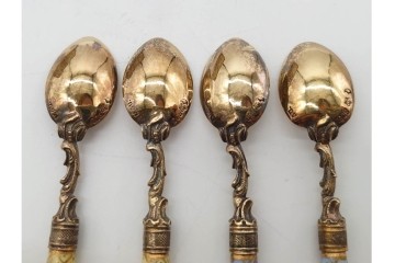 ドイツアンティーク　ドレスデン　Heinrich Mau(ハインリッヒ・マウ)　シルバー800　華やかな磁器ハンドルのスプーン12本セット　共箱付き　(R-090983)